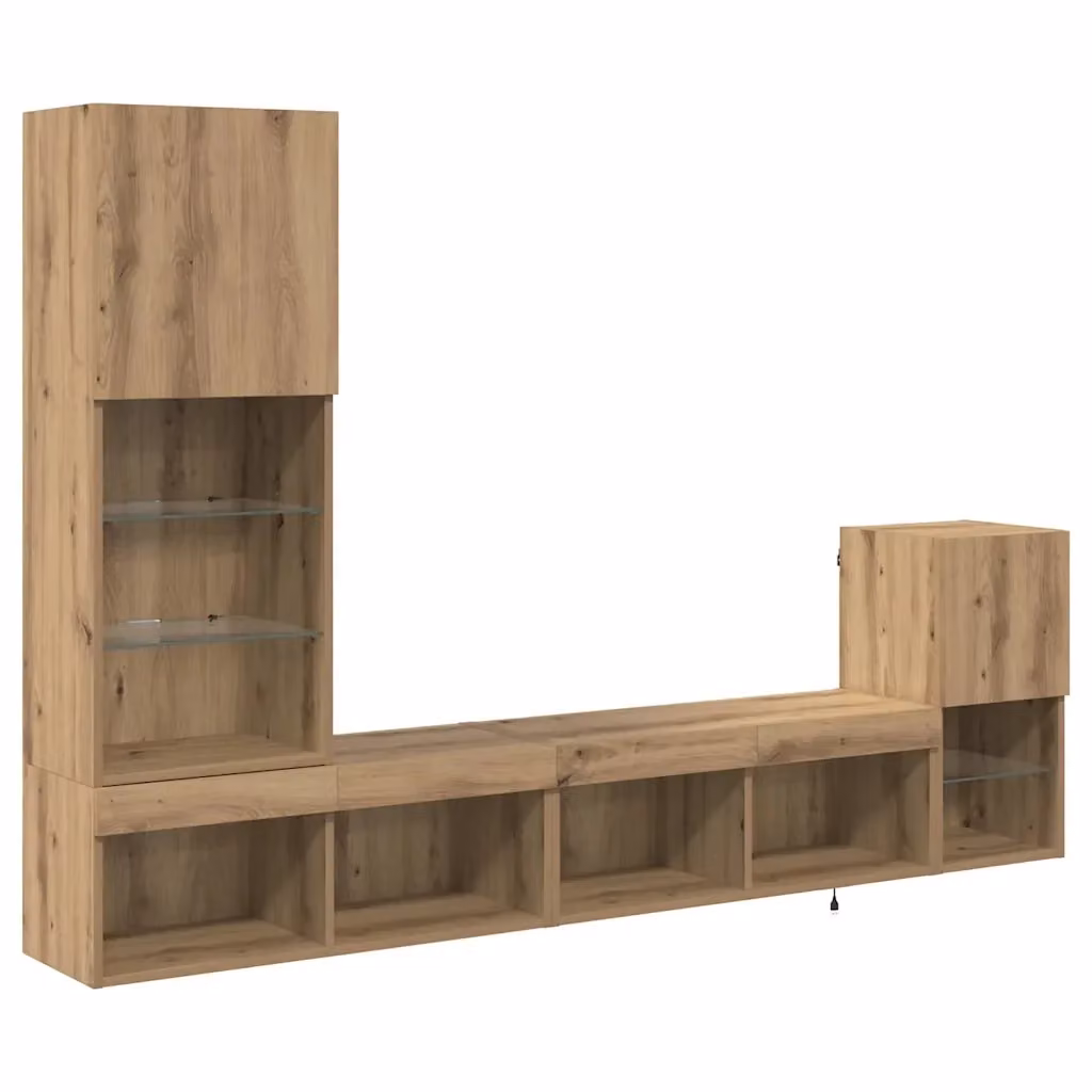 Set di 4 unità per TV da parete vidaXL in legno rovere marrone con illuminazione integrata e scomparti multimediali – 2