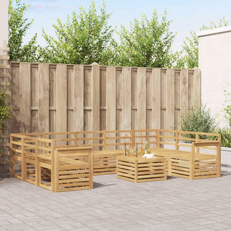 Set di divani da esterno vidaXL in legno di acacia massello con cuscini bianchi e tavolo da caffè, composizione a L per giardino e terrazza, 10 pezzi
