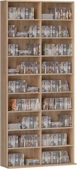 Libreria per DVD e CD Xylo con 9 ripiani e 18 scomparti in legno naturale marrone, H 175 x L 64 x P 30 x P 24 cm