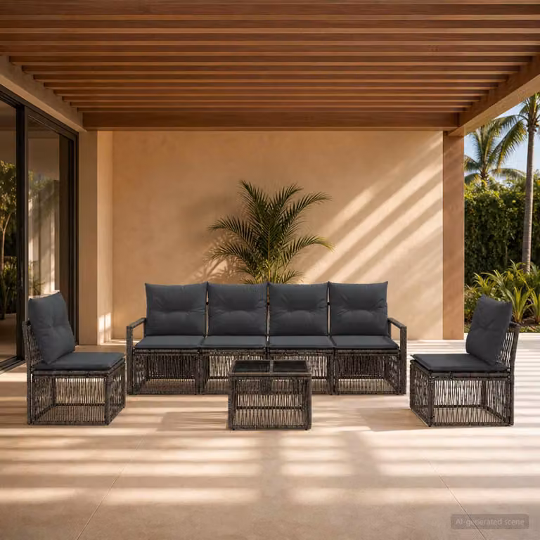 Set Divano da Giardino vidaXL 7 Pezzi in Polyrattan Grigio con Cuscini e Tavolino