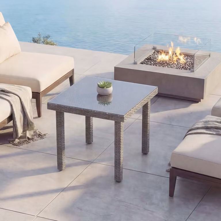 Tavolo da giardino in poly-rattan Cava, tavolo da pranzo con piano in vetro, 80x80cm ~ grigio