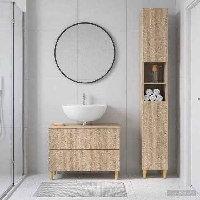 Set di mobili da bagno moderni vidaXL composto da 2 pezzi in legno marrone con ante a cerniera e ripiani interni