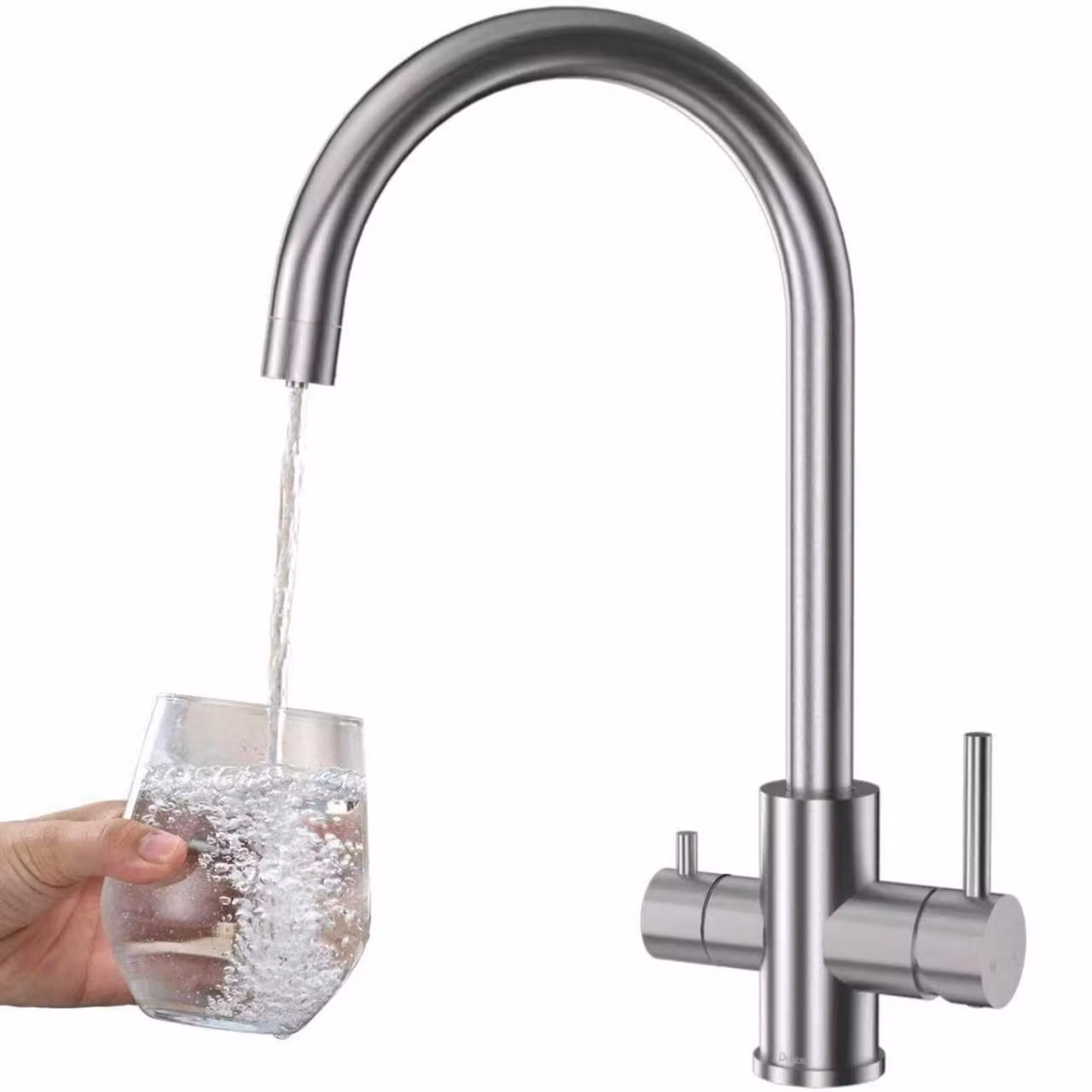Miscelatore da cucina a 3 vie con filtro per acqua potabile, 2 maniglie, 3 funzioni in 1, rotazione a 360°, finitura argento spazzolato
