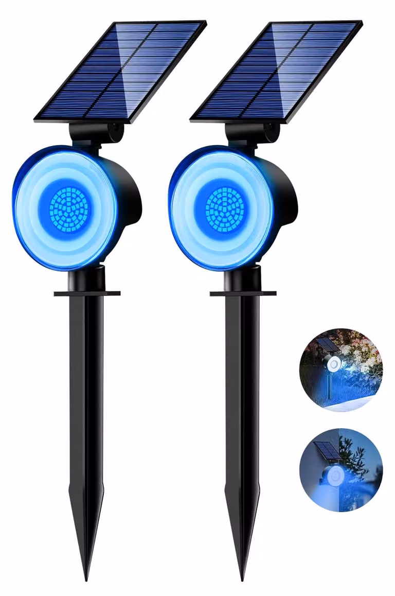 2 luci solari da esterno, 53 LED, colore blu, grado di protezione IP65, 3 livelli di luminosità, adatte per il giardino