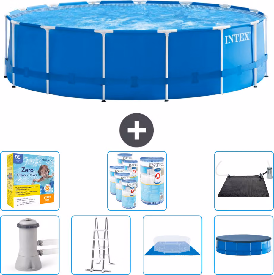 Piscina Intex con struttura rotonda - 457 x 122 cm - blu - inclusa pompa - scaletta - telo di fondo - confezione di manutenzione della copertura - filtro - tappetino solare