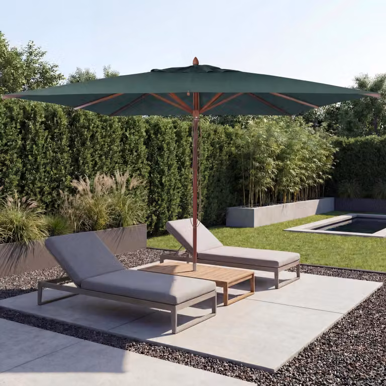 Ombrellone da ristorante in legno HWC-C57b, ombrellone da giardino, poliestere/legno 17 kg, quadrato 3x3 m, cavo di trazione antiurto ~ verde scuro