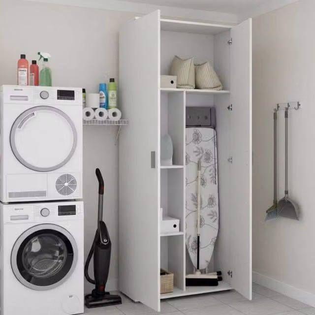 Armadio multiuso DMORA bianco con ante a battente e ripiani interni, L: 78 cm, P: 35 cm, H: 190 cm – 1