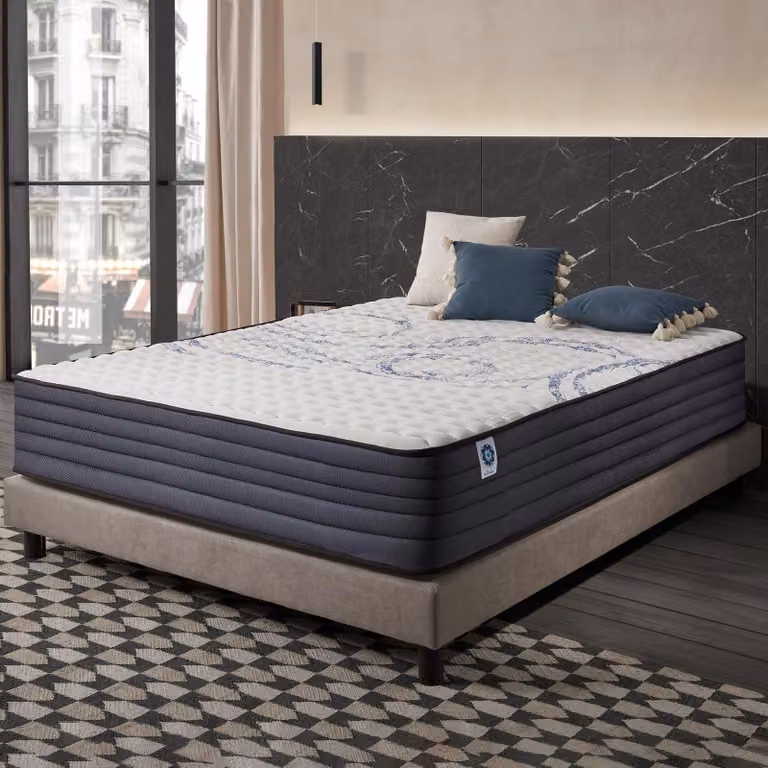 Materasso in schiuma memory a 7 zone, dimensioni 160x200 cm, altezza 30 cm, rivestito in lattice blu, sfoderabile e reversibile