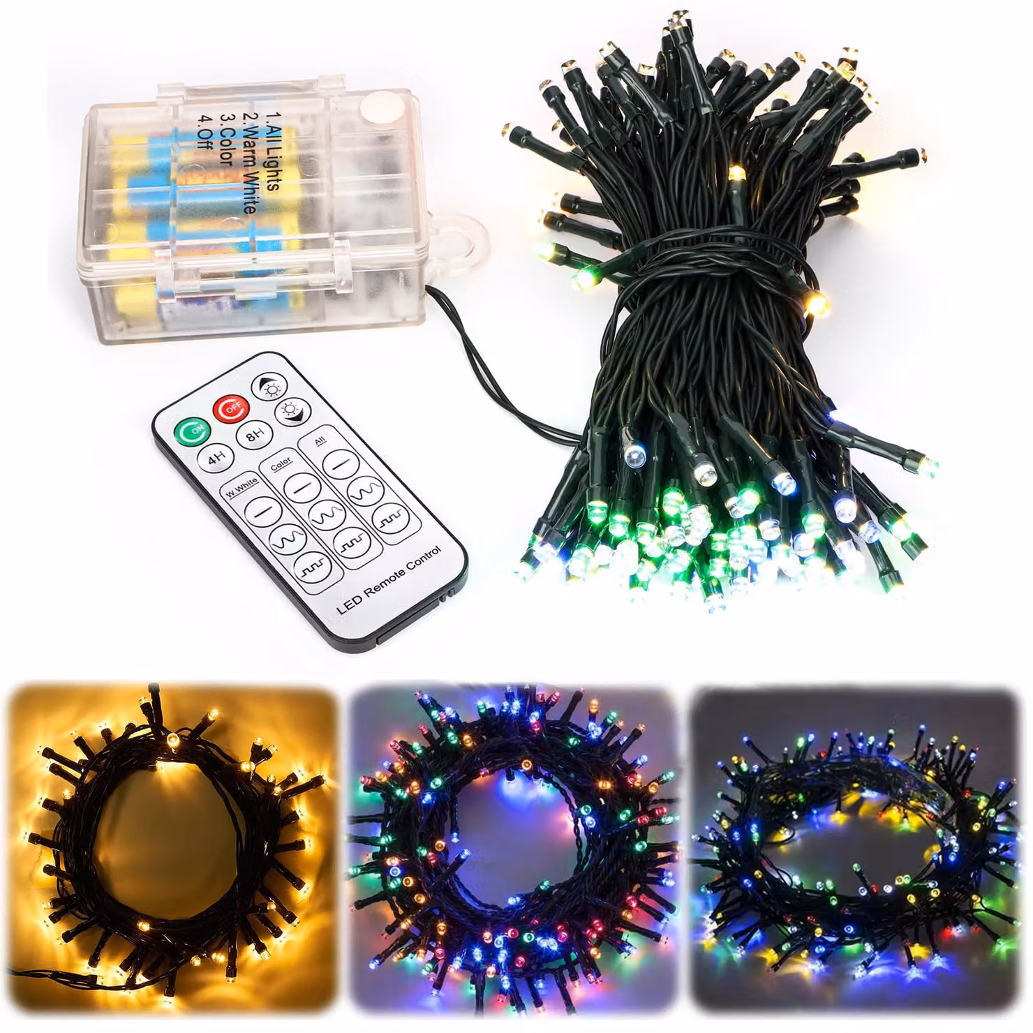 Catena luminosa a LED, 15 metri, 150 LED, luce bianco caldo/colorata, alimentazione a batteria