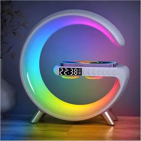 Caricabatterie wireless Qi con lampada LED, altoparlante Bluetooth, sveglia e luce ambientale 4 in 1, ricarica rapida USB-C - MoonCharge