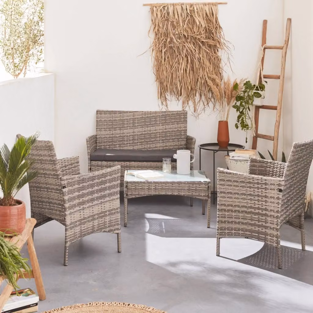 Set da giardino moderno Sweeek in rattan con struttura in acciaio verniciato a polvere, composto da divano 3 posti, divano 2 posti, poltrone e tavolino, colore grigio con cuscini inclusi – 2