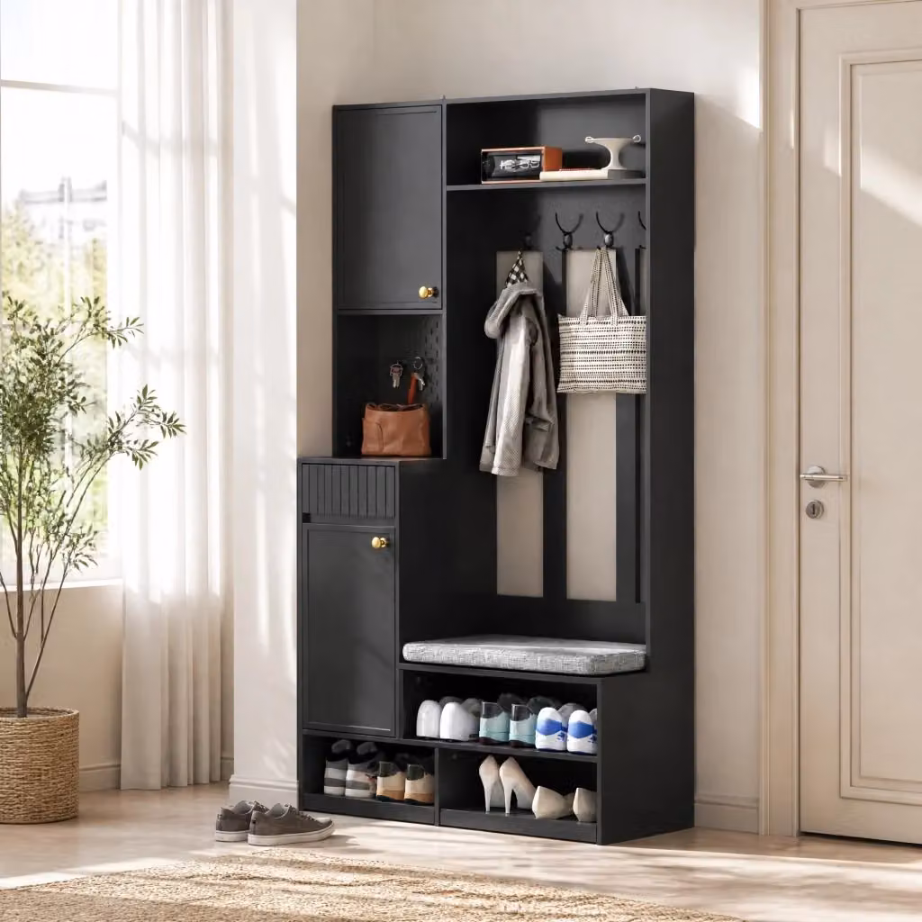 Garderoba da ingresso REDOM con panca e ganci, Nero, L: 100 cm, H: 180 cm, P: 35 cm – 2