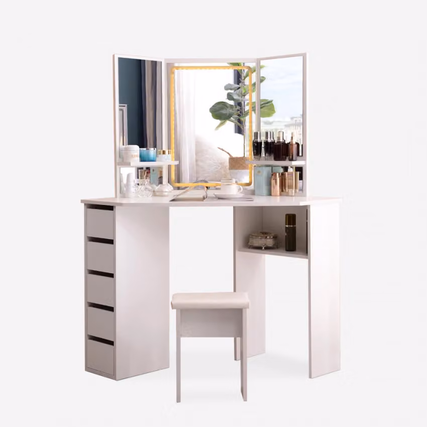 Comodino angolare a 3 specchi con luce LED, sgabello e cassetti Elettra