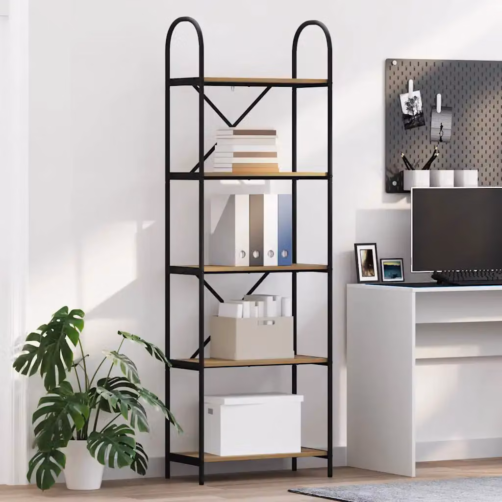 Libreria moderna vidaXL a 5 livelli in legno e metallo, L 60 cm x P 30 cm x H 183 cm, colore marrone e nero