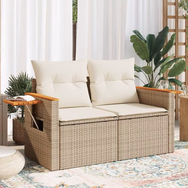 vidaXL Divano da Giardino a 2 Posti in Polyrattan e Legno di Acacia con Cuscini Beige