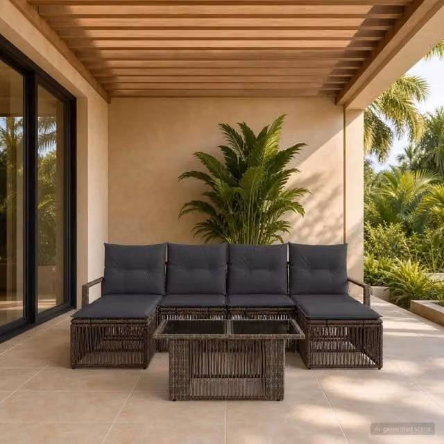 Set Divano da Giardino a Forma di U vidaXL in Polyrattan con Cuscini Grigio e Antracite, 7 Pezzi