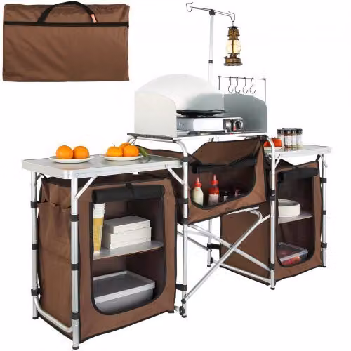 VEVOR Cucina da Campeggio Pieghevole Portatile con Parabrezza a 3 Lati in Alluminio, Ferro e MDF Marrone, L/P/H: 174 x 176 x 46 cm