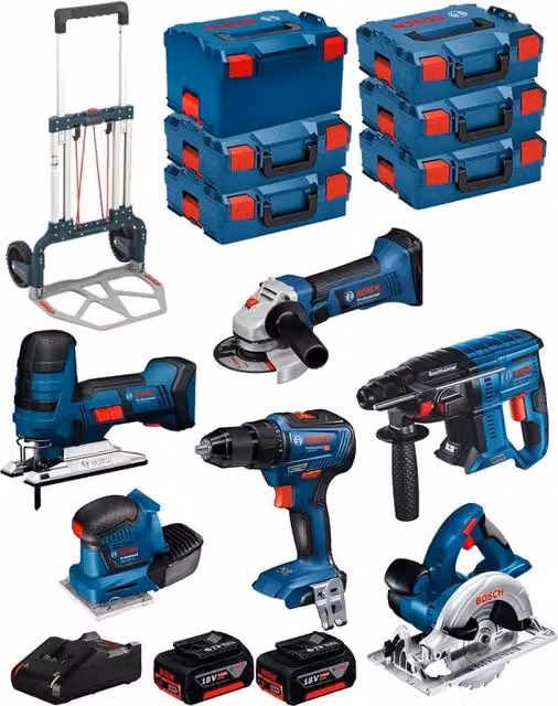 Bosch Kit Elettroutensili 18V BK602 con 2 Batterie da 5,0Ah, Carrello e 6 L-Boxx, Colore Blu – 1