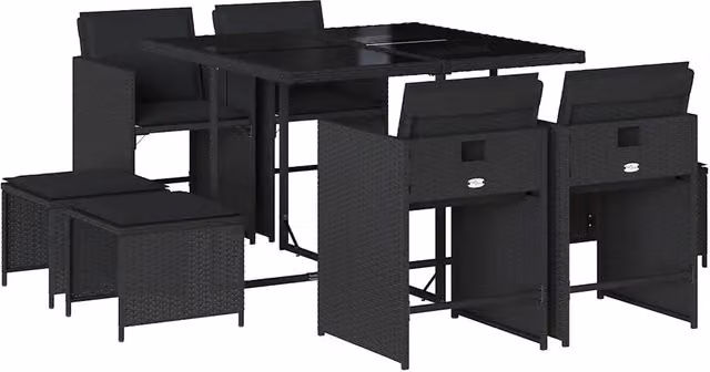 Set da Pranzo da Giardino 9 pz in Polyrattan Nero con Piano in Vetro e Cuscini