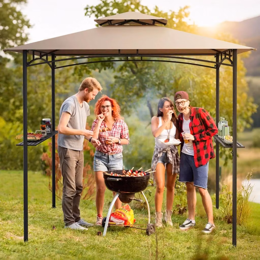 Gazebo per barbecue con doppio tetto DESIGN IN, tenda da esterno in metallo e poliestere, Marrone, L: 242 cm, P: 150 cm, H: 250 cm – 2
