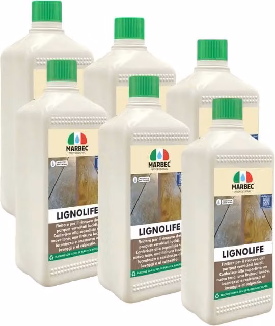 Olio cera LIGNOLIFE per parquet rovinato, base acqua, effetto lucido, idrorepellente e a rapida asciugatura, confezione da 6 x 1 l