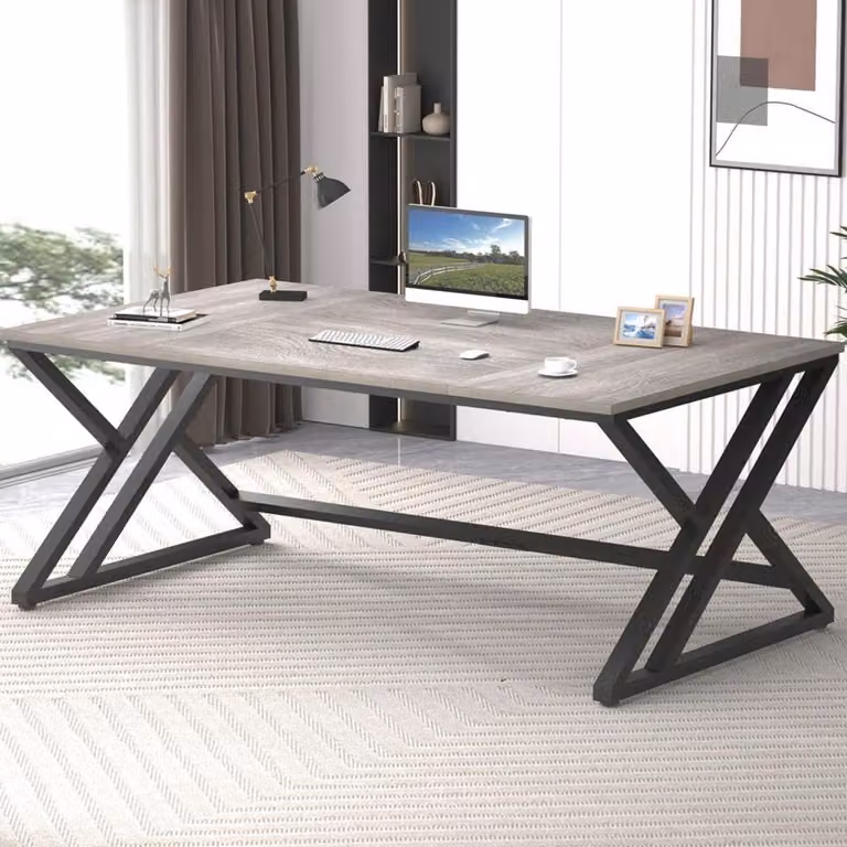 Scrivania, tavolo per computer, 180 x 80 cm, grigio, legno, quercia, metallo