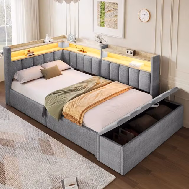 Letto contenitore 90 x 200 cm con contenitore idraulico, LED e USB-A/Type-C, singolo imbottito in velluto grigio con panca mobile e contenitori