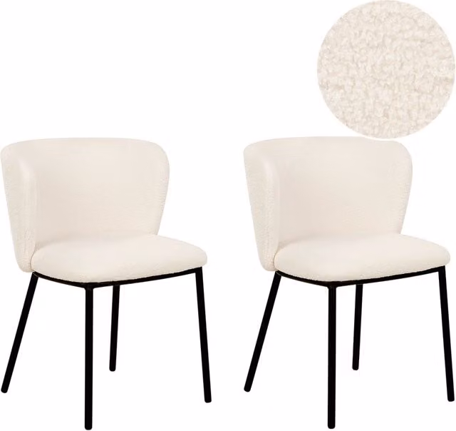 Set di 2 sedie da pranzo Beliani in bouclé bianco sporco con gambe in metallo nero e schienale curvo design moderno