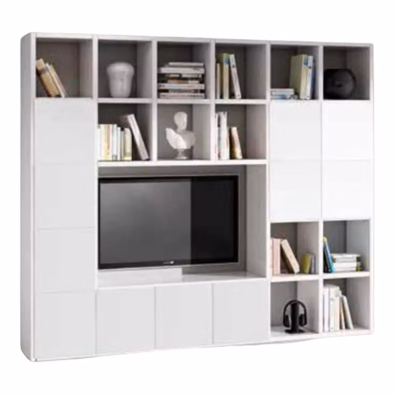 Parete attrezzata moderna Mobili 2G in frassino bianco con ripiani aperti e ante, L: 261 cm, P: 30 cm, H: 218 cm