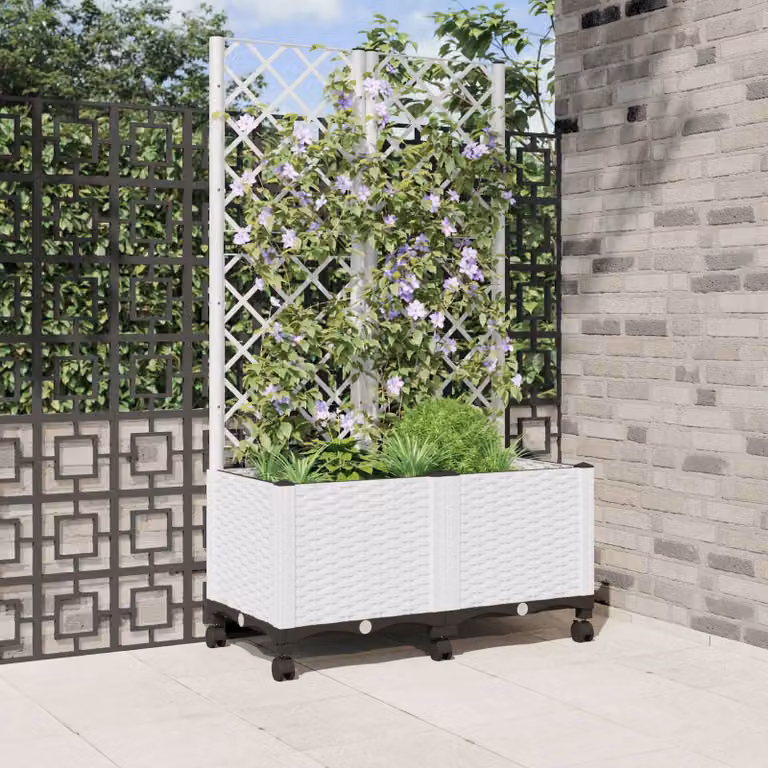 vidaXL Vaso da giardino con grigliato e ruote Bianco L: 80 cm, P: 40 cm, H: 146 cm