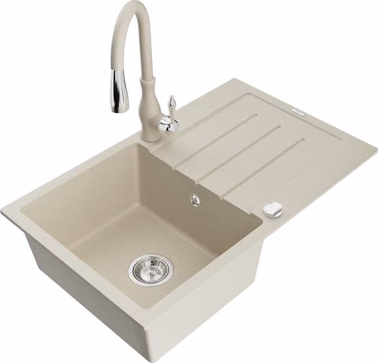 Mexen Bruno lavello da cucina in granito a 1 vasca con scolapiatti e rubinetto da cucina Savita, beige - 6513-69-672601-69