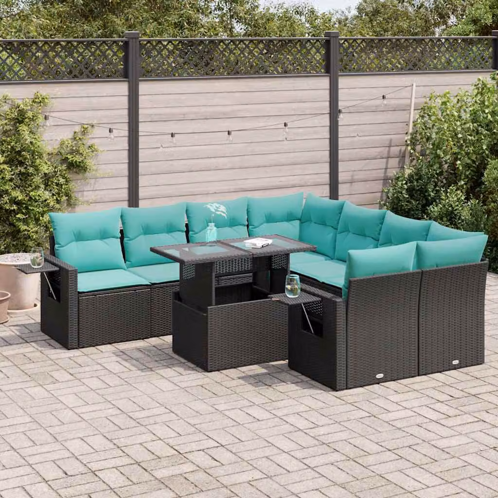 Set di divani da giardino vidaXL 9 pezzi in polyrattan con cuscini, forma a U, colore nero e dettagli in legno di acacia