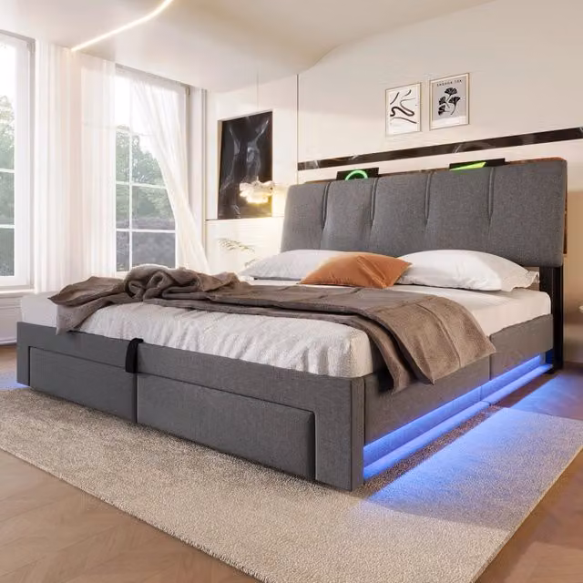 Letto Contenitore REDOM Grigio in Tessuto con Base a Sollevamento, Porte USB, Type-C, Illuminazione Sotto il Letto e Ripiano Integrato, L/P: 140 x 200 cm
