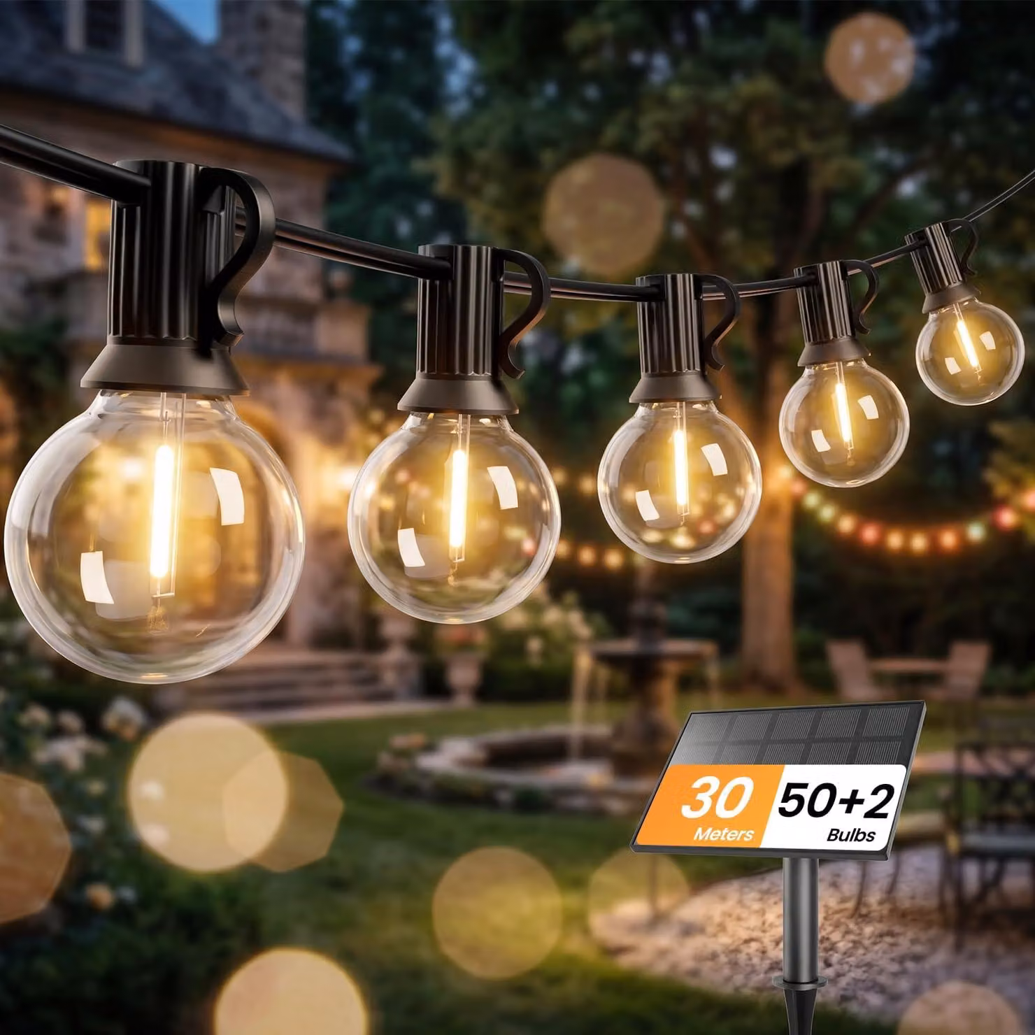 Catena luminosa solare, 30 metri, 52 lampadine LED, luce bianco caldo, grado di protezione IP45
