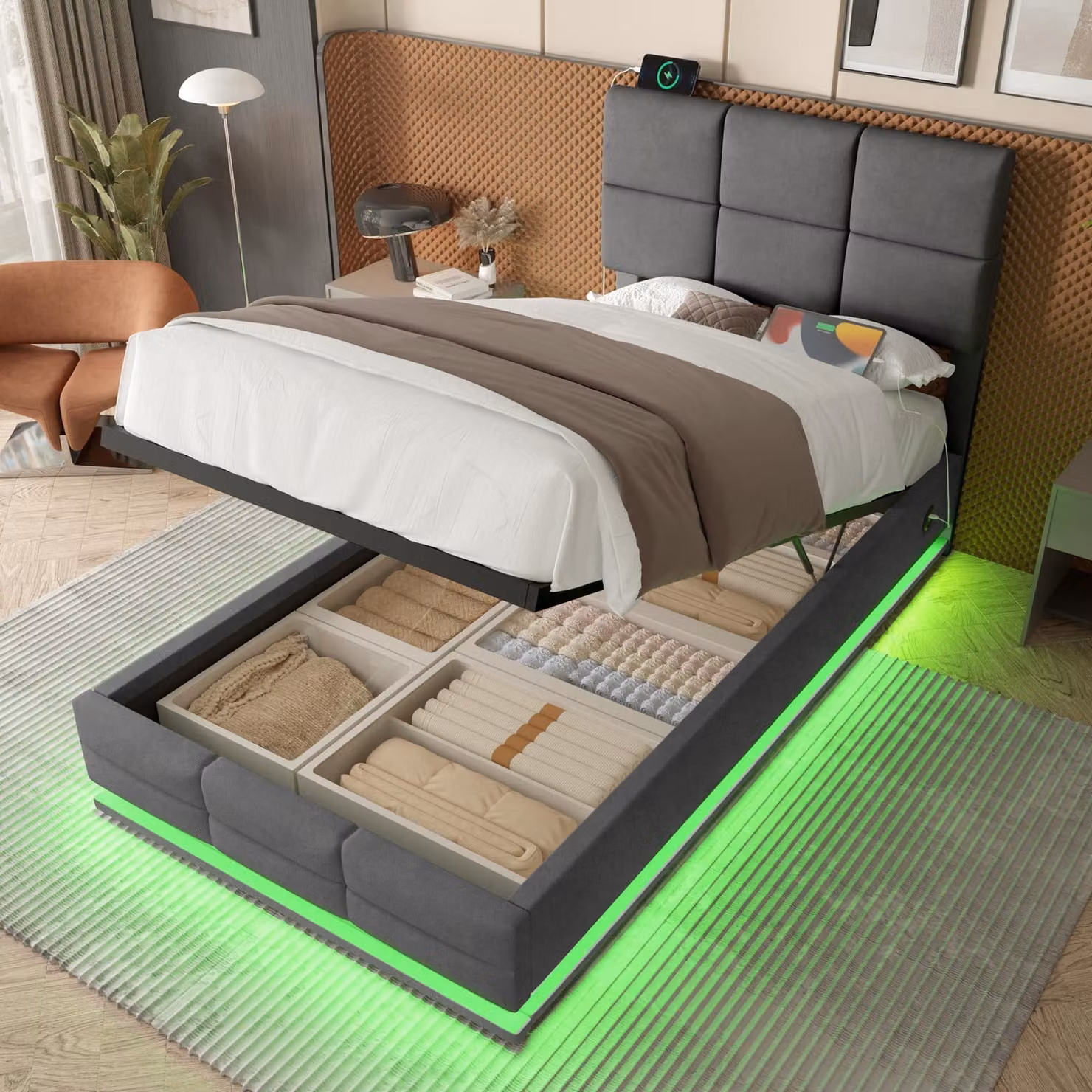 Letto imbottito STILVORA 90x200 con prese USB e Type-C, letto singolo con poggiatesta regolabile in altezza, letto contenitore con illuminazione LED, senza materasso, color beige