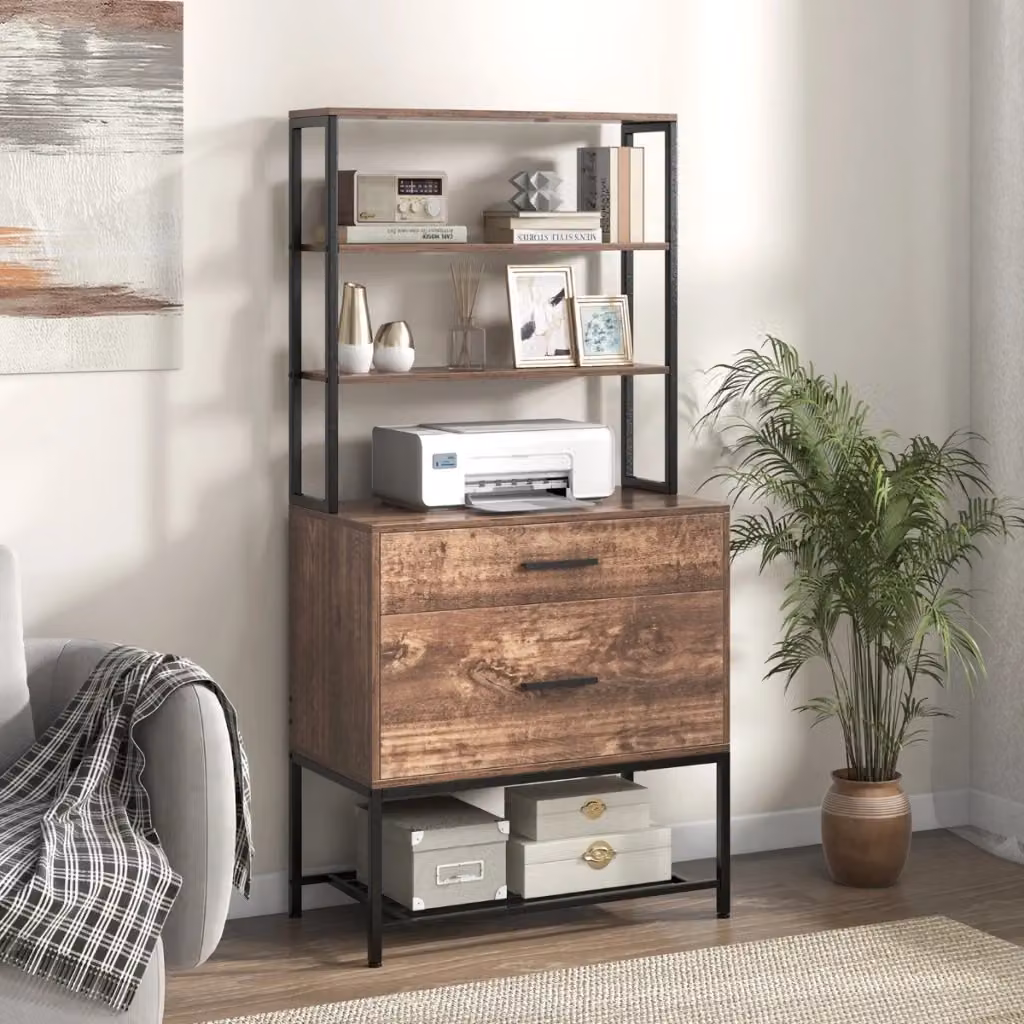 Armadio per documenti con stazione di ricarica e supporto per stampante, modello freestanding con ripiani regolabili e appendiabiti, Marrone Rustico – 2