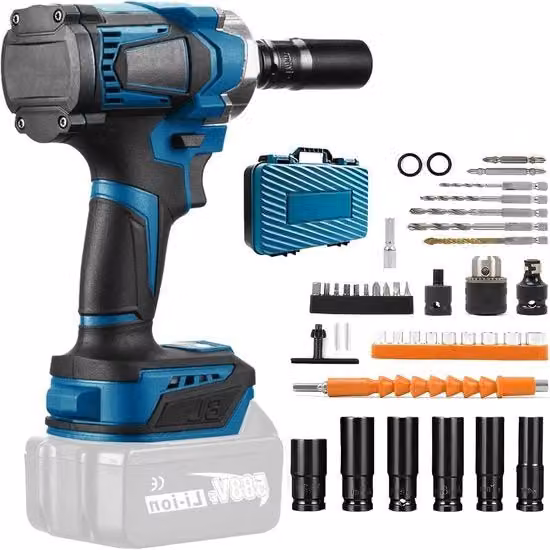 Chiave a impulsi a batteria Makita 18V con set di bussole a doppia testa, 700 Nm, 1/2 pollici, colore blu