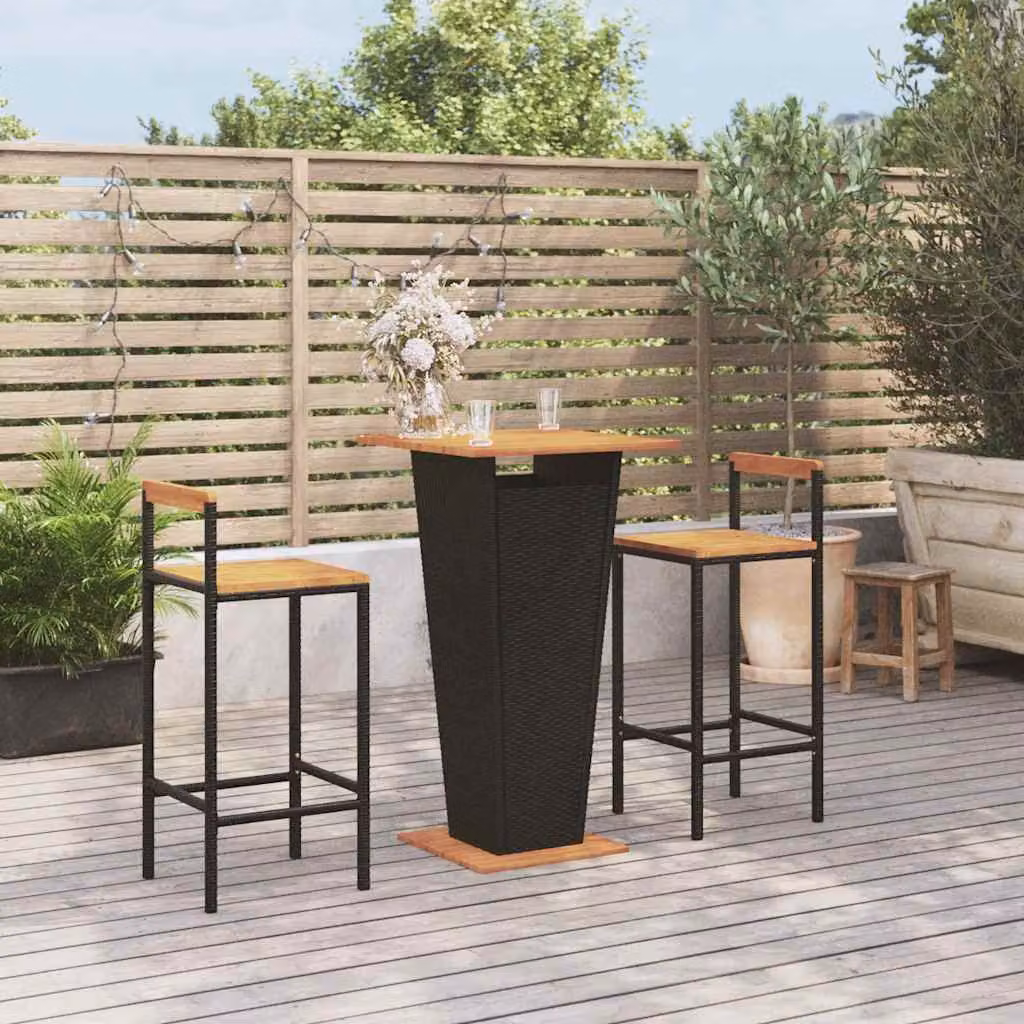 Set Bar da Giardino vidaXL in 3 Pezzi Nero in Polyrattan e Legno di Acacia