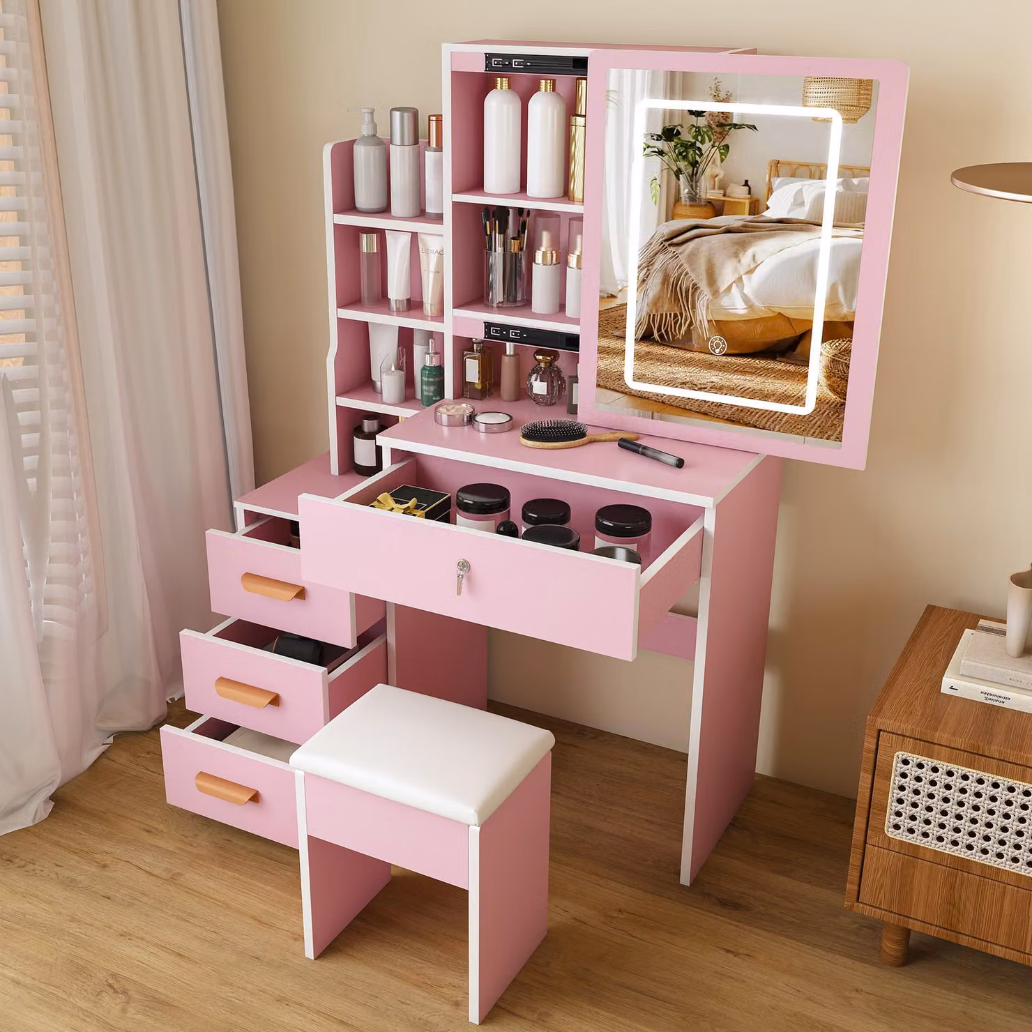 Comò da trucco rosa di okwish con poggiapiedi imbottito e cassetti, comò per il trucco con specchio e illuminazione, tavolino per cosmetici con ampio spazio di stoccaggio