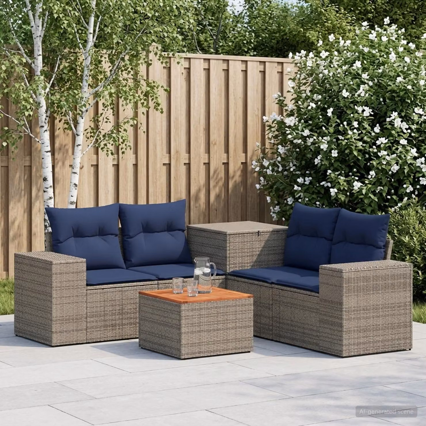 Set di divani da giardino vidaXL in rattan e acciaio, 6 pezzi, Grigio e Blu Navy