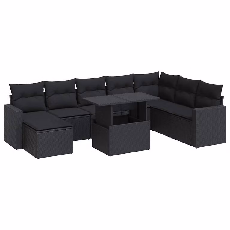Set Divani da Giardino 9 pz con Cuscini Nero in Polyrattan