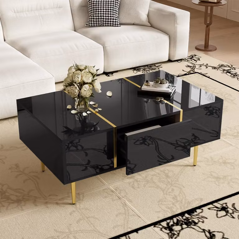 Tavolino basso Mivray per soggiorno con 2 cassetti in MDF nero lucido e dettagli in metallo dorato L/P/H: 100 x 60 x 41.5 cm