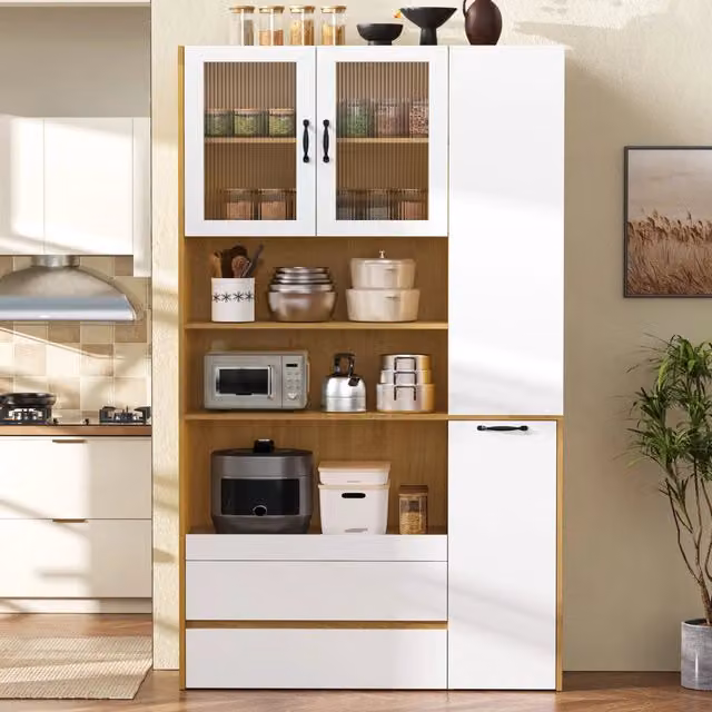 Credenza Highboard con Ripiani Regolabili e Cassetti ¨C Xylo ¨C Bianco e Rovere Naturale