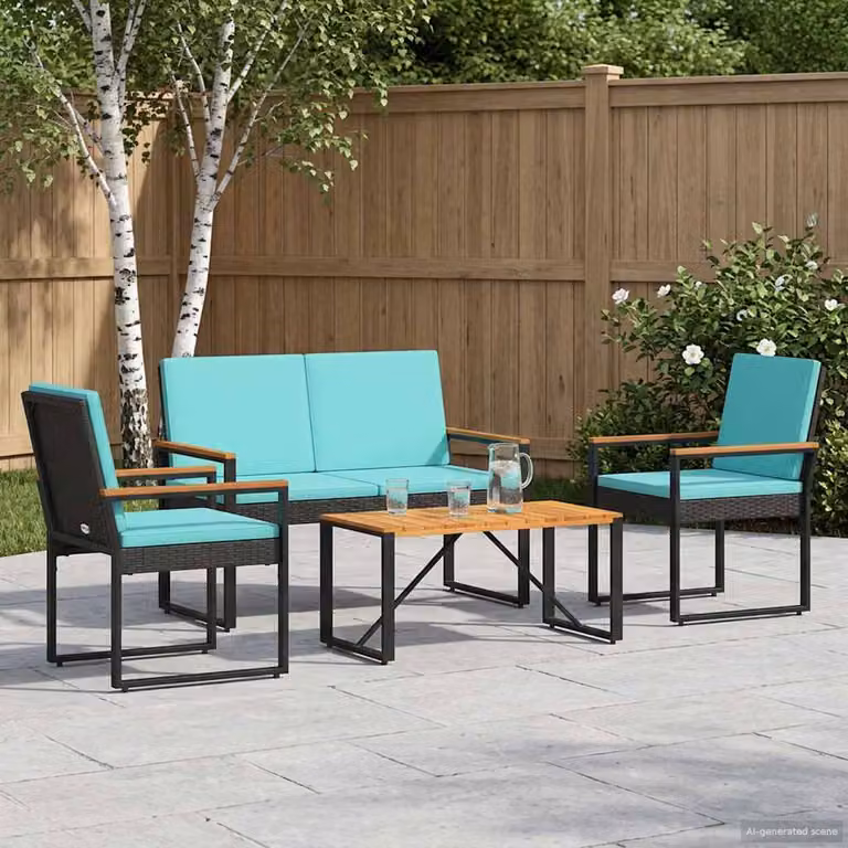 Set di mobili da esterno vidaXL in 4 pezzi in polyrattan con legno di acacia nero e turchese