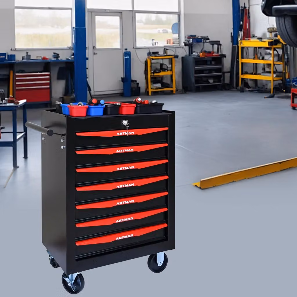 Carrello contenitore OKWISH in acciaio con 7 cassetti chiudibili e ruote per garage, nero e rosso, L: 77.5 cm, P: 60.0 cm, H: 24.6 cm – 2