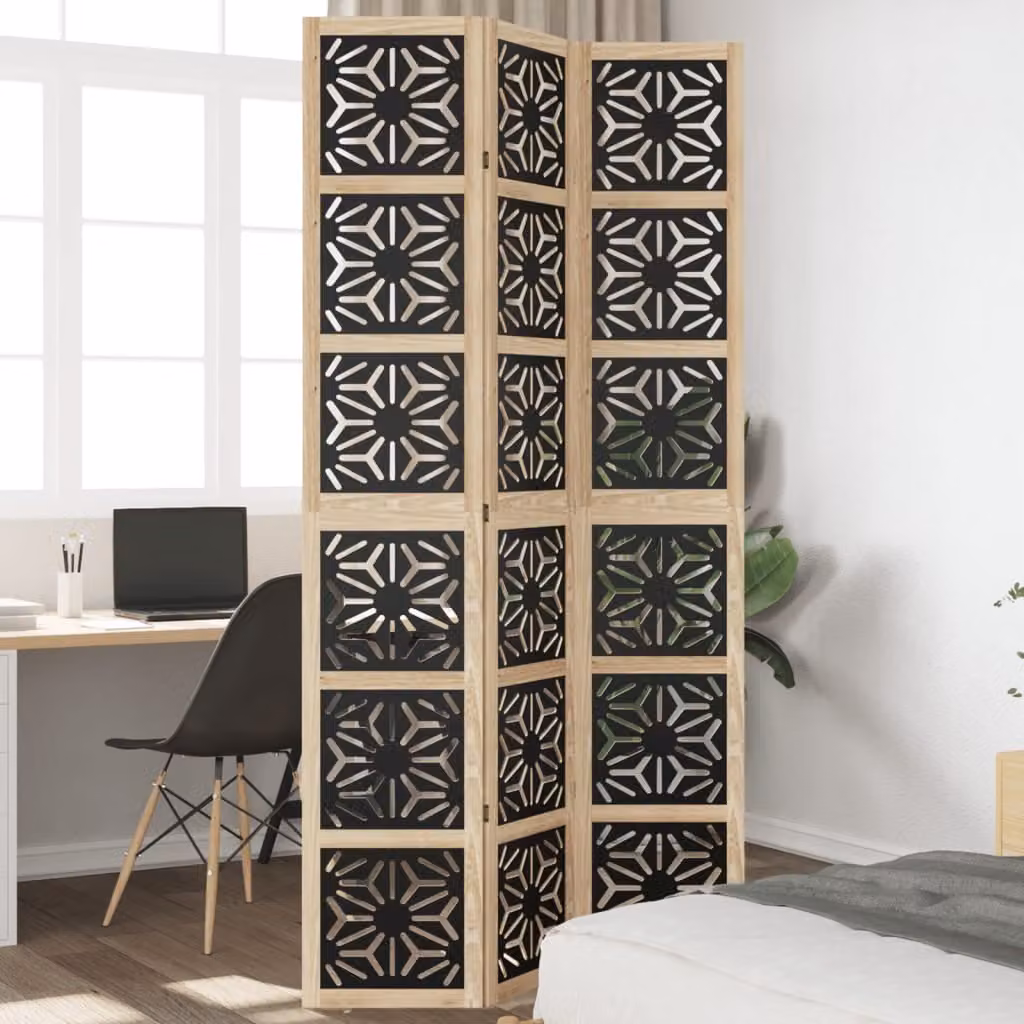 vidaXL Divisorio Ambienti Moderno a 3 Pannelli in Legno di Paulownia Massello, Marrone e Nero, H: 180 cm, L: 220 cm, P: 3 cm