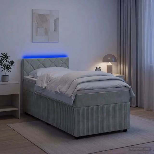 Letto box spring ibrido vidaXL con materasso a molle insacchettate e base contenitore, rivestimento in velluto grigio, con illuminazione sottostante e porta USB, L 200 x L 80 cm – 1