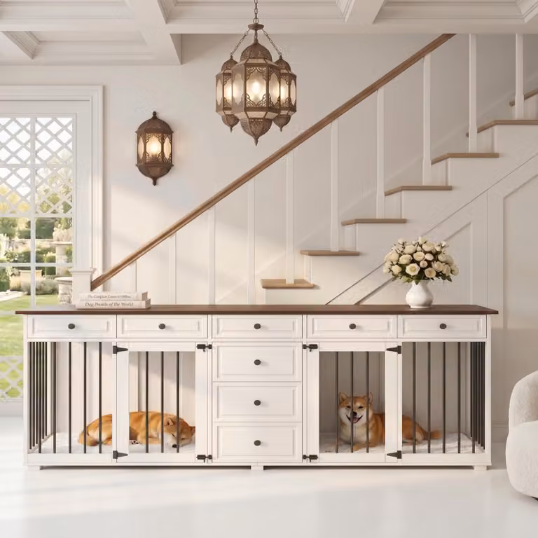 Cuccia per cani Fliek con 8 cassetti, trasportino per cani con serratura, kennel per 2 cani, 200x60x85 cm, bianco