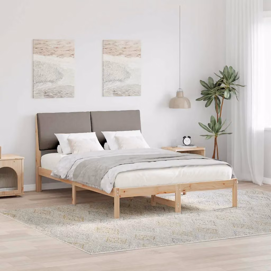 Struttura del letto moderna vidaXL in legno di pino con testiera in tessuto, colori marrone, beige e grigio, L/P/H: 150 x 200 x 103,5 cm – 1