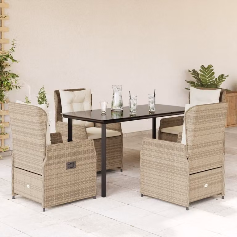 Set da Pranzo da Giardino vidaXL in Polyrattan con Cuscini Beige e Tavolo in Vetro, 5 Pezzi